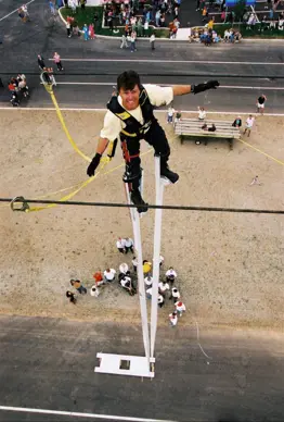 Doug Hunt wearing the heaviest stilts in 2002